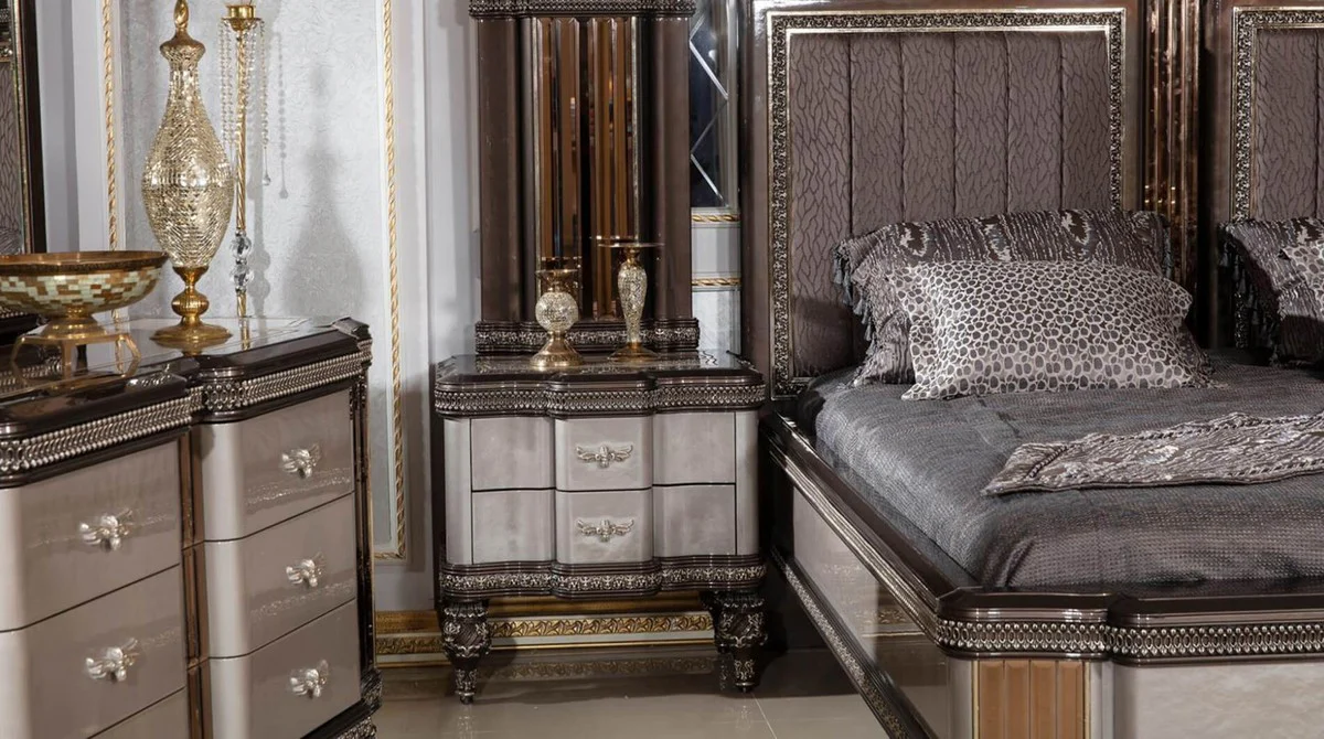 Luxury baroque night dresser gray / black / gold - magnificent baroque style bedside table with 2 drawers - luxury bedroom furniture in baroque style - baroque furniture - baroque interior