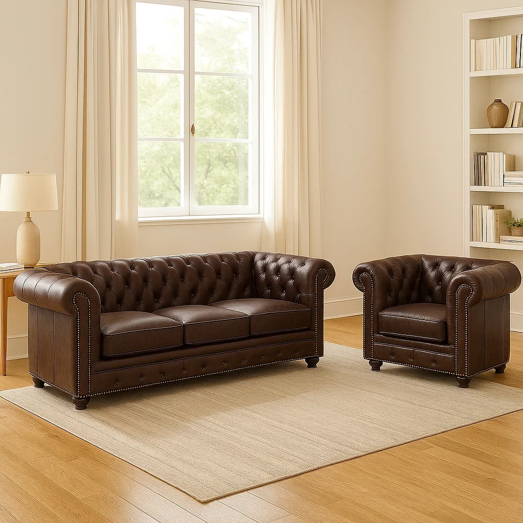 Sofagarnitur, 3-Sitzer-Sofa und Sessel, Holzrahmen, Schaumstoffpolsterung, Kunstlederbezug, braune Farbe, für das Wohnzimmer, 3-Sitzer-Sofa 210 x 85 x 75 cm, Sessel 85 x 85 x 75 cm - rVU3LDfEgF20