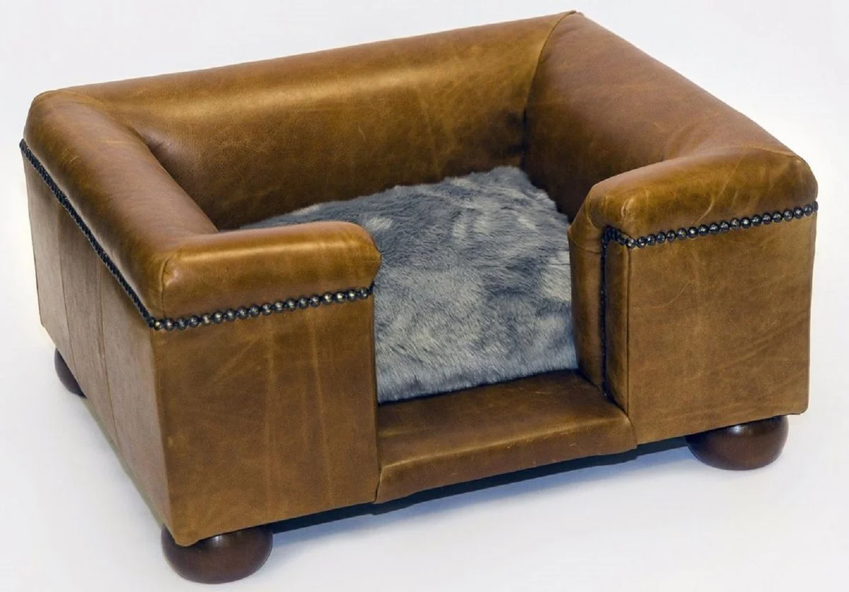 Luxury leather dog bed vintage brown / dark brown / gray 65 x 55 x H. 31 cm - Rectangular genuine leather dog bed - Luxury genuine leather pet furniture