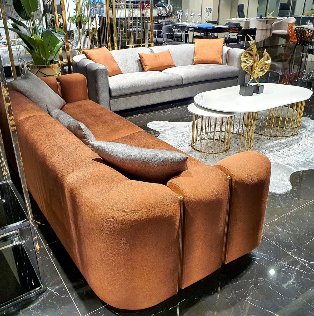 Luxury sofa orange / gold 240 x 95 x H. 85 cm - living room sofa - hotel sofa - luxury furniture