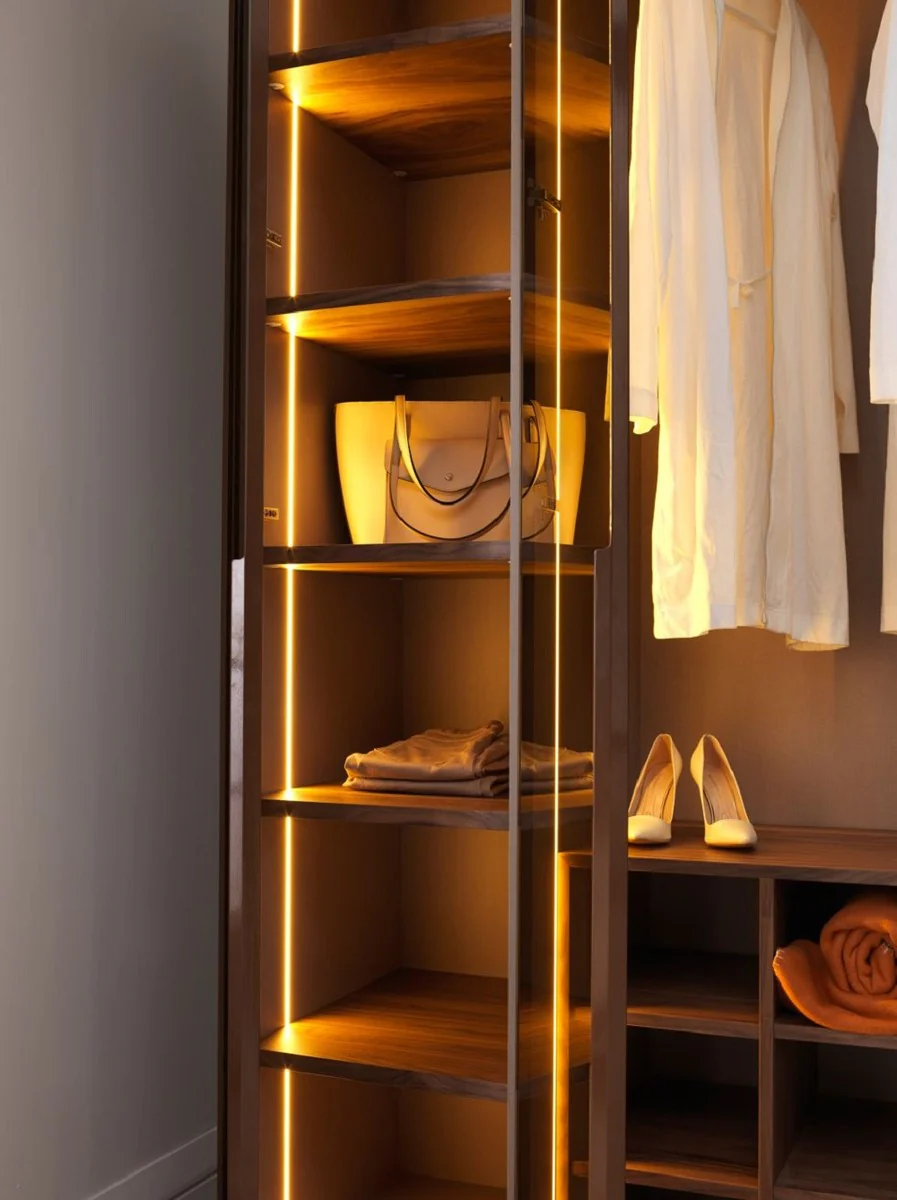 Luxury bedroom wardrobe dark brown 360 x 62 x H. 230 cm - Illuminated wardrobe with 8 glass doors - Bedroom furniture - Hotel furniture - Luxury furniture