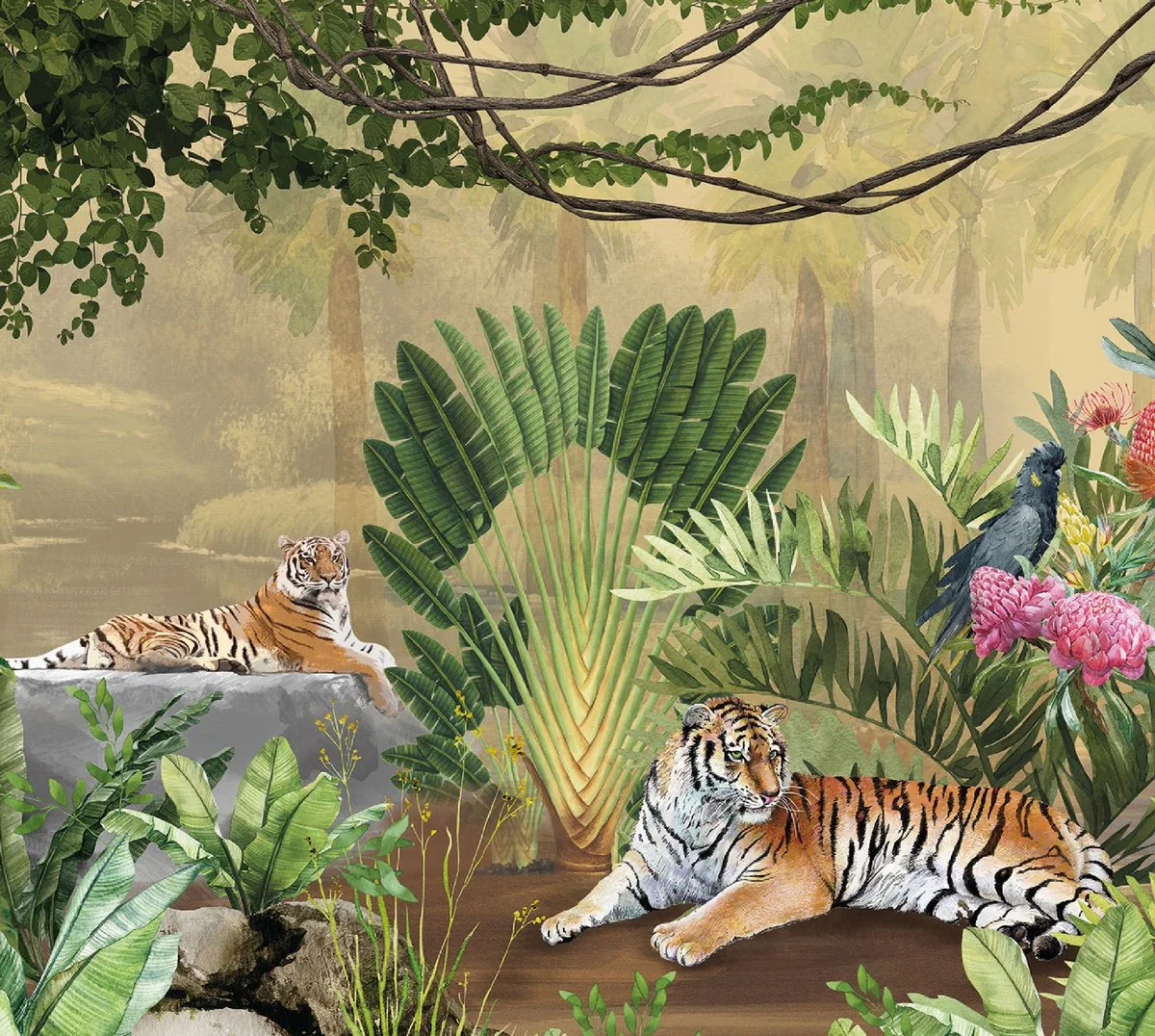 Luxus Vorhang Set Dschungel & Tiger Mehrfarbig 250 x H. 290 cm - Bedruckte Leinen & Samt Vorhänge - Ösenvorhänge - Schiebevorhänge - Wohnzimmer Schlafzimmer Vorhänge