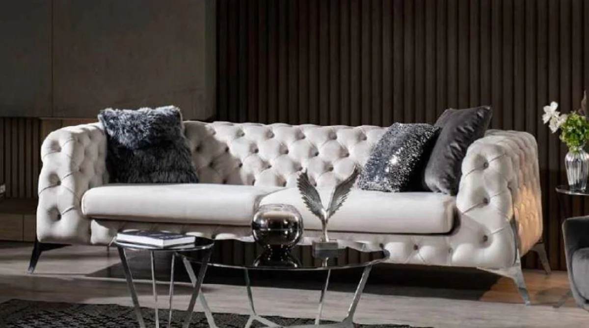 Luxury Chesterfield sofa white / silver 240 x 100 x H. 72 cm - Living room sofa - Chesterfield living room furniture