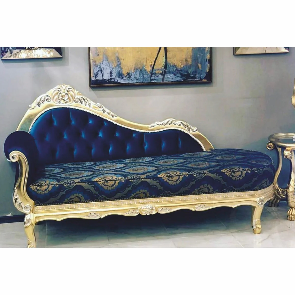 Luxury baroque chaise longue dark blue / gold 220 cm - baroque style furniture