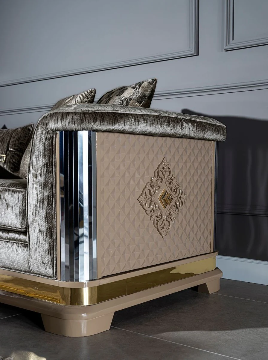 Luxury Art Deco sofa silver / black / beige / gold 249 x 93 x H. 72 cm - Living room sofa with decorative pillows - Art Deco living room furniture