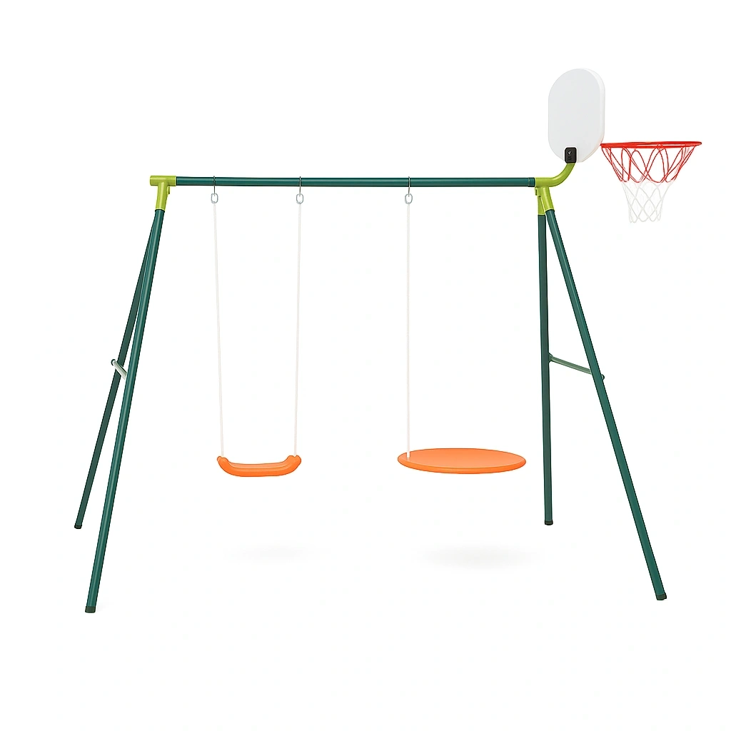 Schaukel mit Basketballkorb und zwei Sitzen, orange/grün, für den Außenbereich, 220 x 160 x 210 cm - KoFpJyp192eU