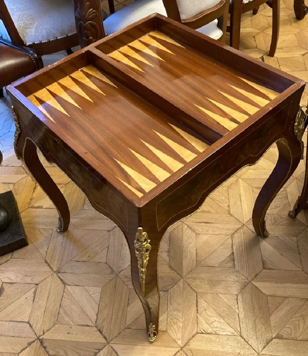 Baroque side table with chess & backgammon playing surface dark brown / brown / brass 60 x 60 x H. 71 cm - Baroque furniture - antique style furniture - noble & magnificent