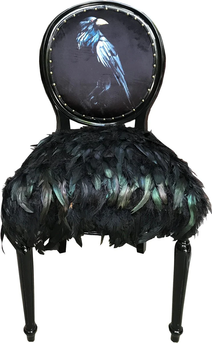 Luxury Baroque Dining Room Chair Crow Black 50 x 60 x H. 104 cm - Handmade kitchen chair with artificial feathers - Baroque dining room furniture