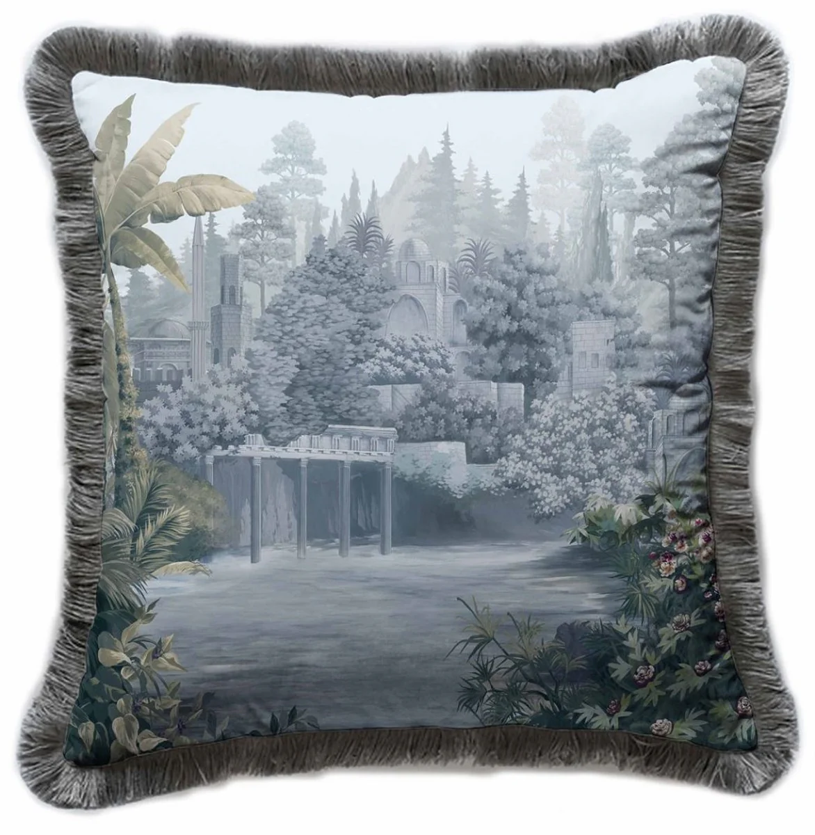 Luxury decorative cushion antique landscape multicolored / gray 45 x 45 cm - printed velvet cushion with fringes - luxury decorative accessories