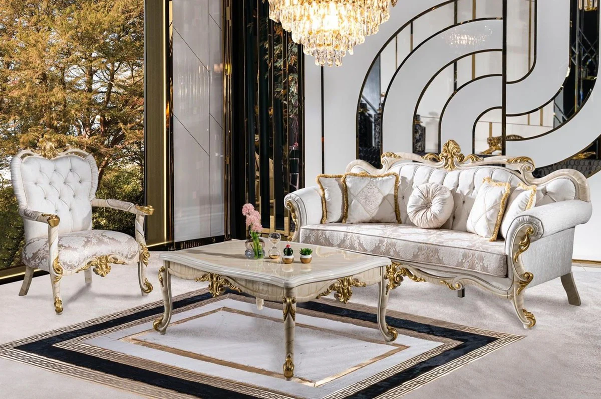 Luxury baroque coffee table beige / white / gold - magnificent living room table in baroque style - baroque style living room furniture - baroque furniture - baroque furnishings - luxury furniture in baroque style