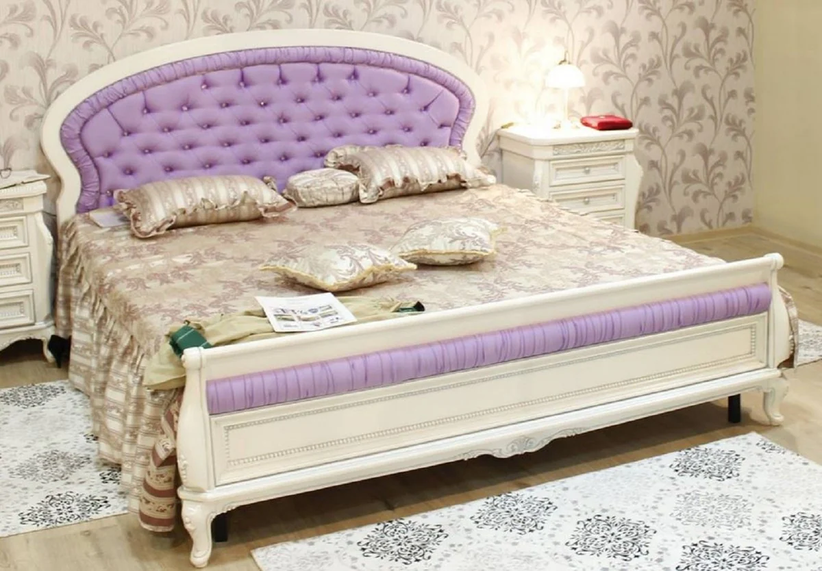 Luxury baroque double bed with glittering stones purple / white - magnificent solid wood bed - luxury bedroom furniture in baroque style - baroque bedroom furniture - noble & magnificent