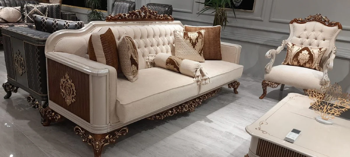 Luxury baroque coffee table beige / gray / brown / gold - magnificent solid wood living room table in baroque style - baroque living room furniture - noble & magnificent