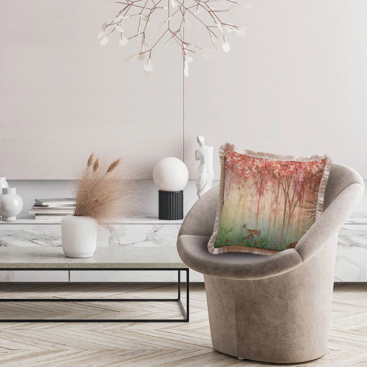 Luxury decorative cushion forest & animals multicolored / brown 45 x 45 cm - printed velvet cushion with fringes - luxury decorative accessories