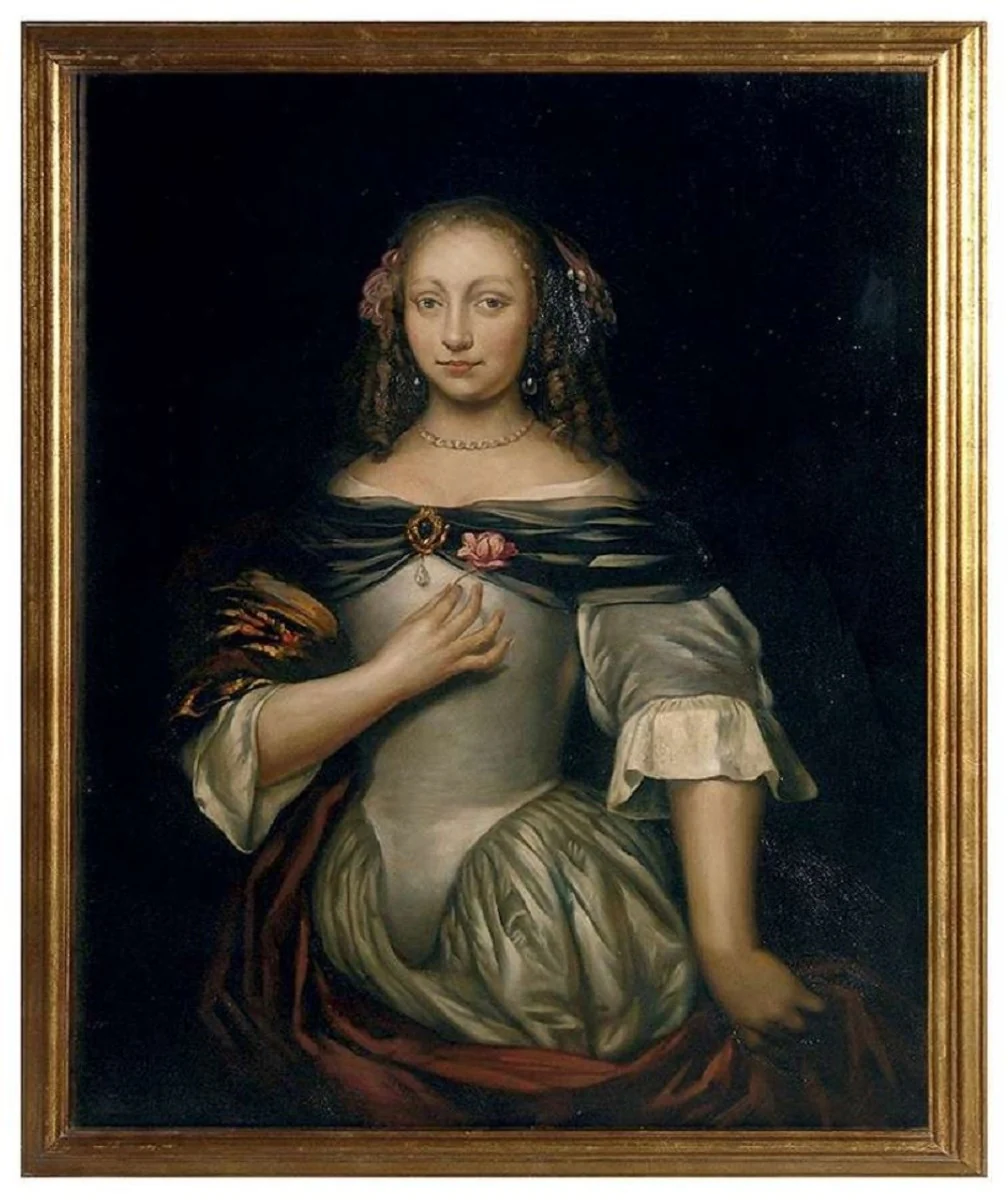 Luxury baroque oil painting lady with flower multicolored / gold 100 x H. 126 cm - hand-painted painting in baroque style - baroque wall decoration