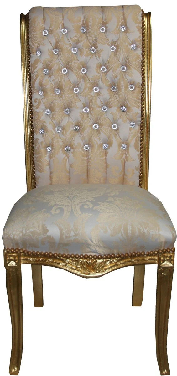 Baroque high-back dining room chair cream pattern / gold with bling bling rhinestones - baroque furniture