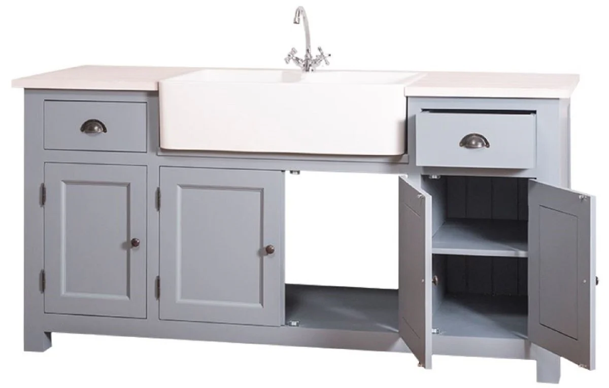 Country house style washbasin cabinet blue / white 180 x 65 x H. 90 cm - washbasin with 4 doors and 2 drawers