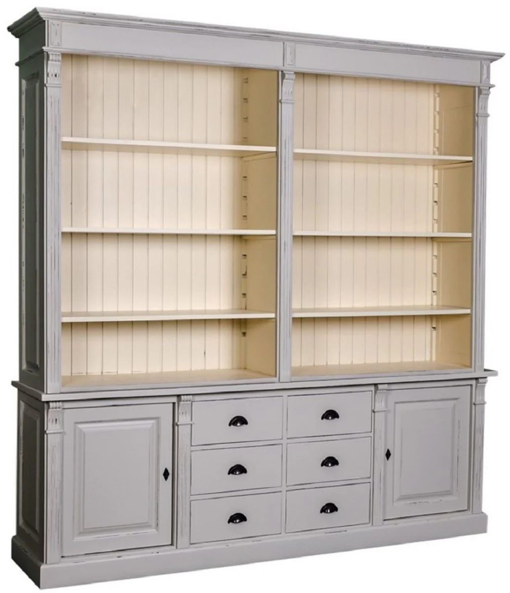 Country house style bookcase antique gray / cream 223 x 51 x H. 240 cm - living room cabinet with 2 doors and 6 drawers - solid wood cabinet - country house style furniture