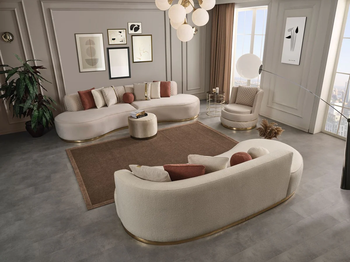 Luxury velvet 4 seater sofa cream / gold 330 x 120 x H. 76 cm - living room sofa with elegant velvet fabric - living room furniture - luxury furniture - living room furnishings - luxury furnishings