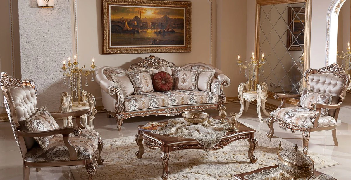 Luxury Baroque Sofa Gray / Copper / Silver - Magnificent Living Room Sofa with Elegant Pattern - Baroque Living Room & Hotel Furniture - Noble & Magnificent