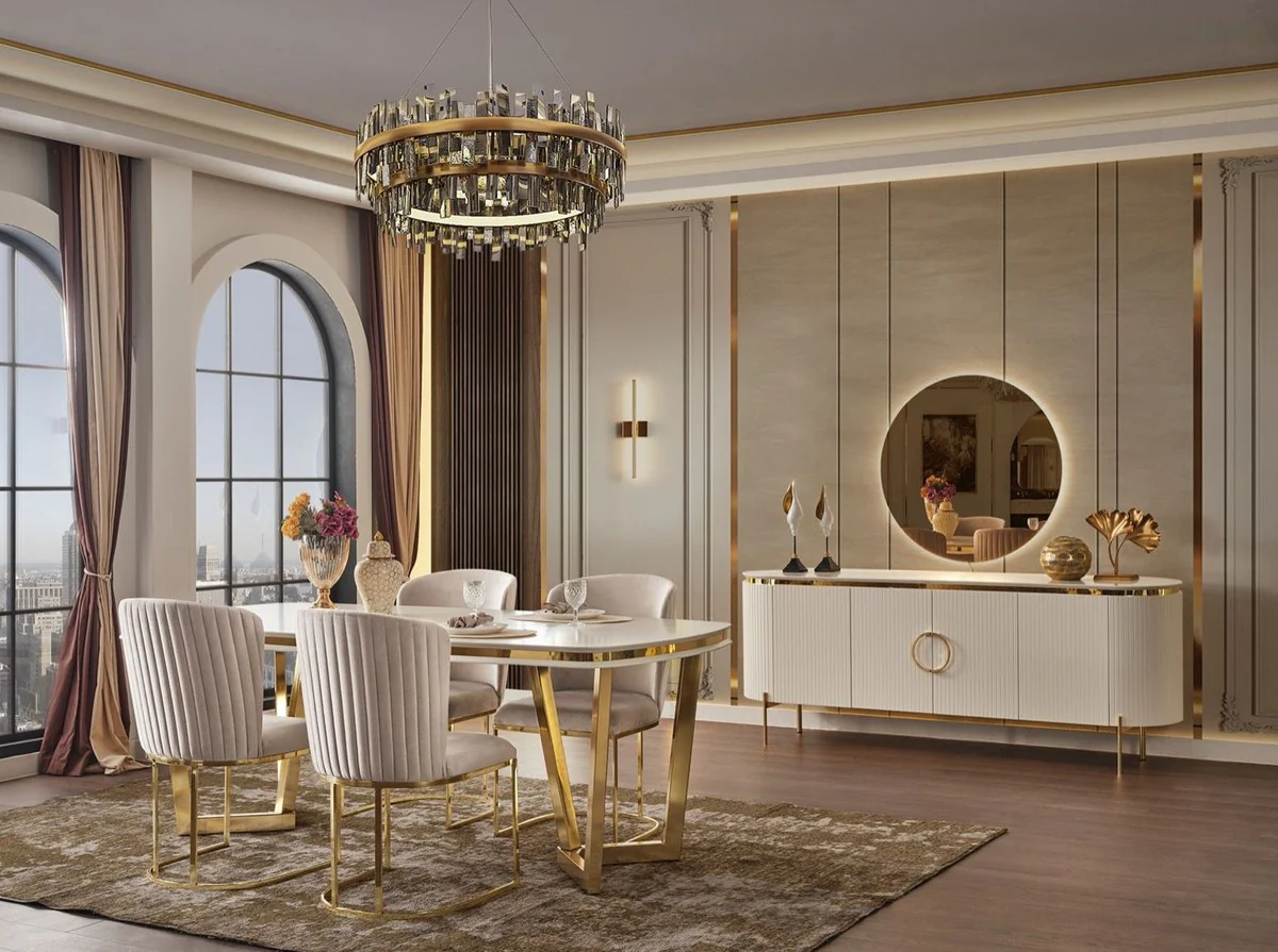 Luxury Dining Room Set White / Gray / Gold - 1 Dining Table & 4 Dining Chairs - Modern Dining Room Furniture