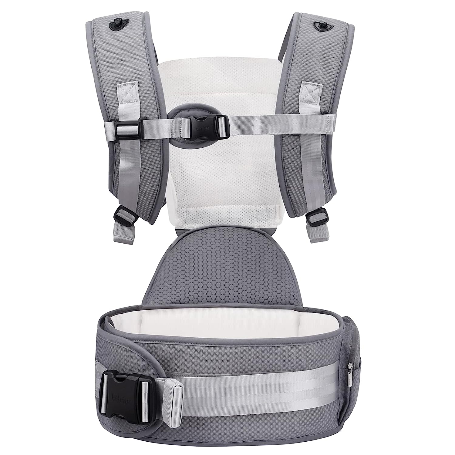 Babytrage für Neugeborene bis Kleinkinder, Baby-Hüfttrage mit Kopfhaube, Taillenverlängerung und 3 Beißpolstern (grau)