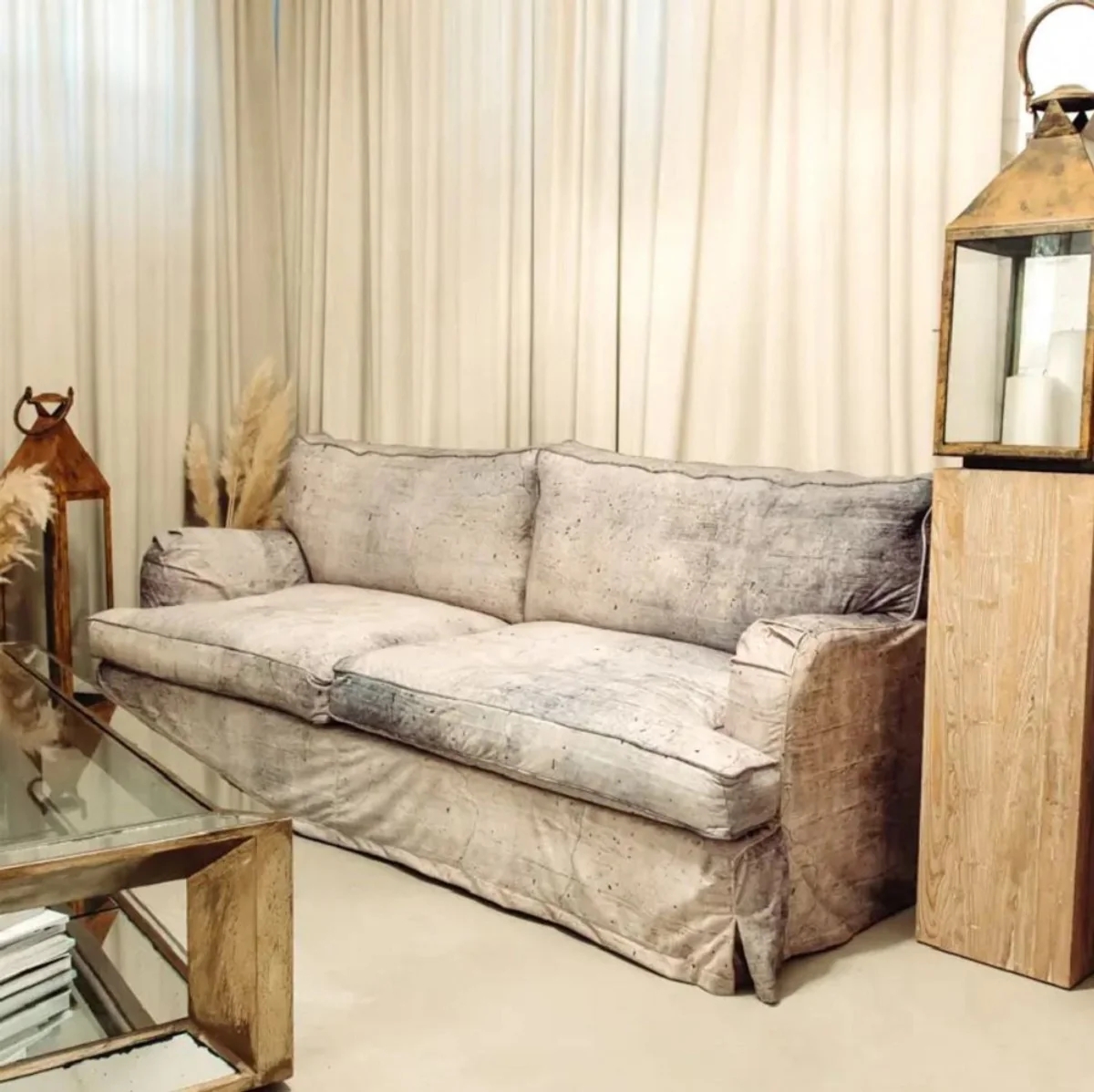 Luxury velvet sofa cement gray 215 x 97 x H. 82 cm - living room sofa - hotel sofa - living room furniture - hotel furniture - luxury furniture - living room furnishings - luxury furnishings