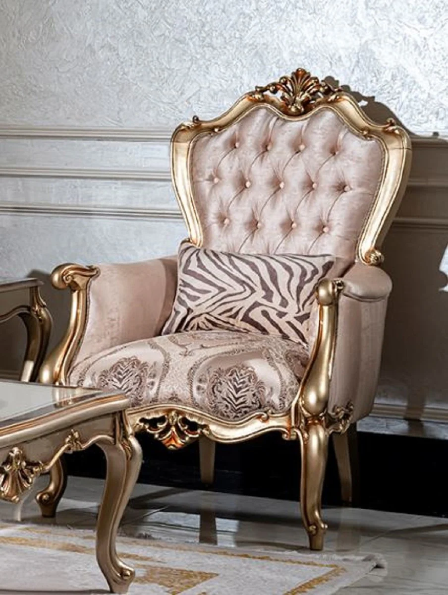 Luxury Baroque Living Room Set Pink / Gold - 2 Sofas & 2 Armchairs & 1 Coffee Table - Handmade Living Room Furniture in Baroque Style - Noble & Magnificent