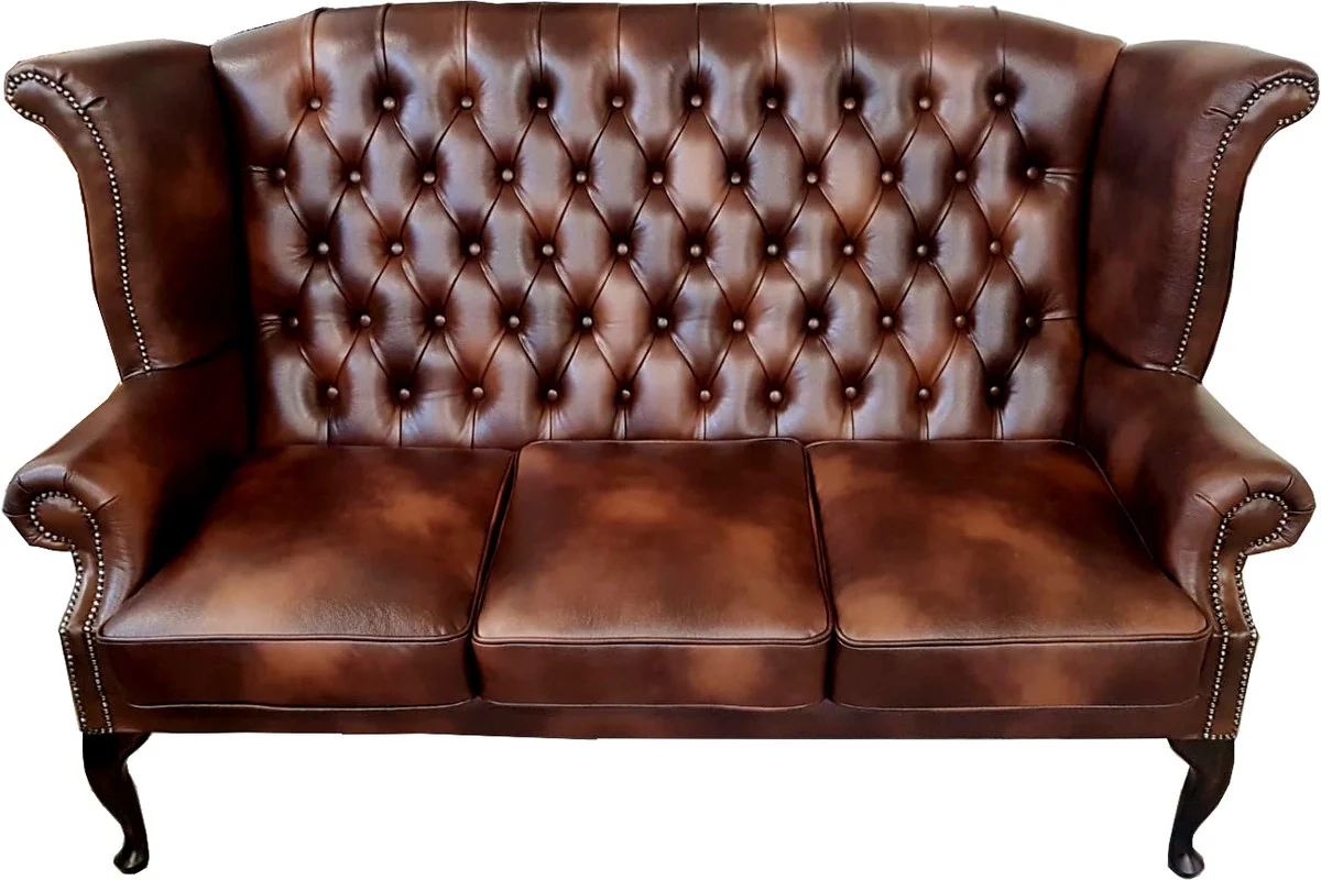 Luxury genuine leather 3 seater sofa dark brown vintage antique look 183 x 90 x H. 105 cm - Chesterfield sofa
