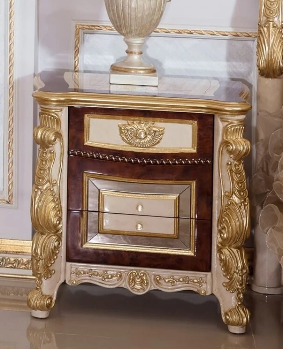 Luxury baroque nightstand white / beige / brown / gold - magnificent baroque bedside table with 3 drawers - luxury bedroom furniture in baroque style - baroque furniture - baroque furnishings