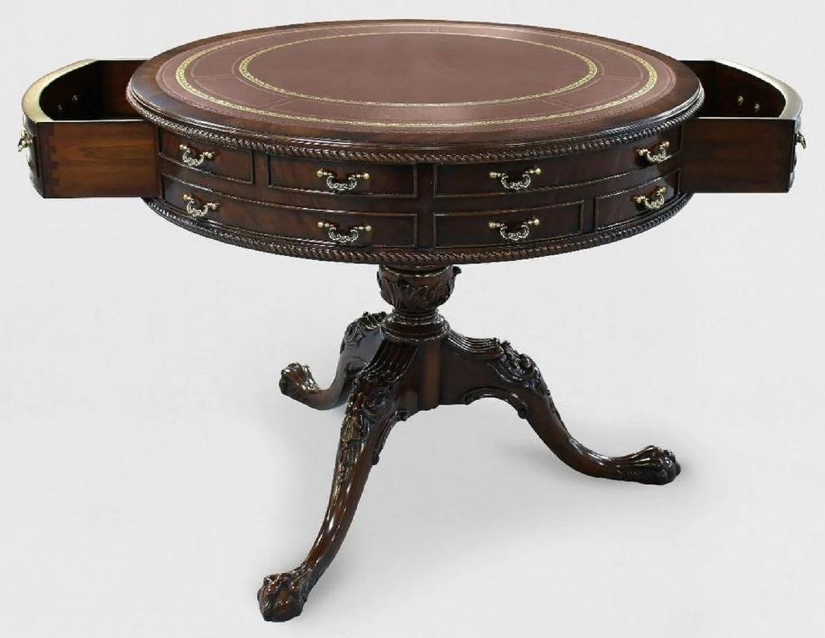 Luxury Baroque side table brown / gold Ø 91 x H. 76 cm - Round mahogany table with 14 drawers and real leather - Baroque mahogany furniture