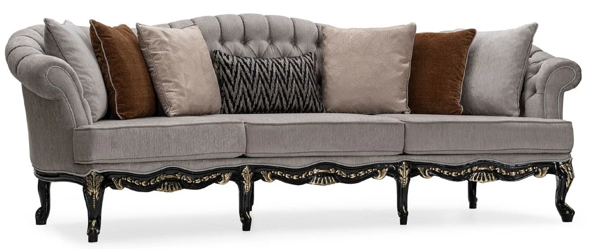 Luxury Baroque Living Room Sofa Gray / Black / Gold - Handmade Baroque Style Sofa with Decorative Pillows - Luxury Living Room Furniture in Baroque Style - Baroque Furniture - Noble & Magnificent
