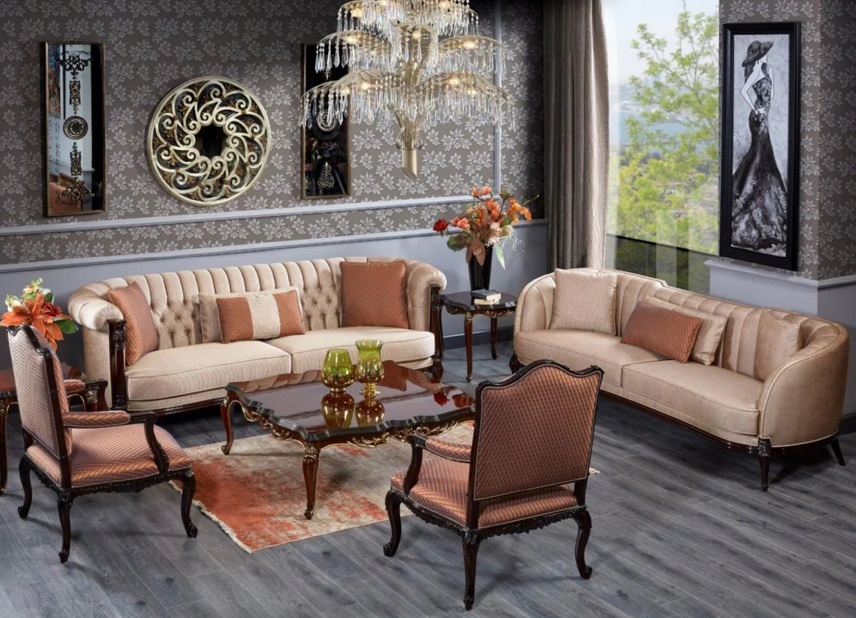 Luxury Baroque Sofa Beige / Dark Brown - Magnificent Living Room Sofa - Baroque Style Living Room Furniture - Luxury Furniture in Baroque Style - Baroque Furnishings - Noble & Magnificent