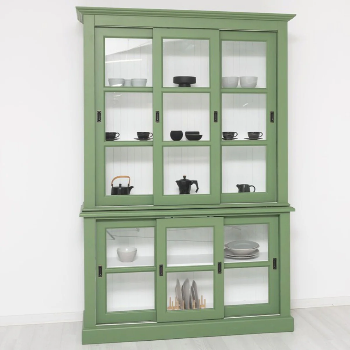 Country house style display cabinet with 6 sliding doors green / white 151 x 47 x H. 220 cm