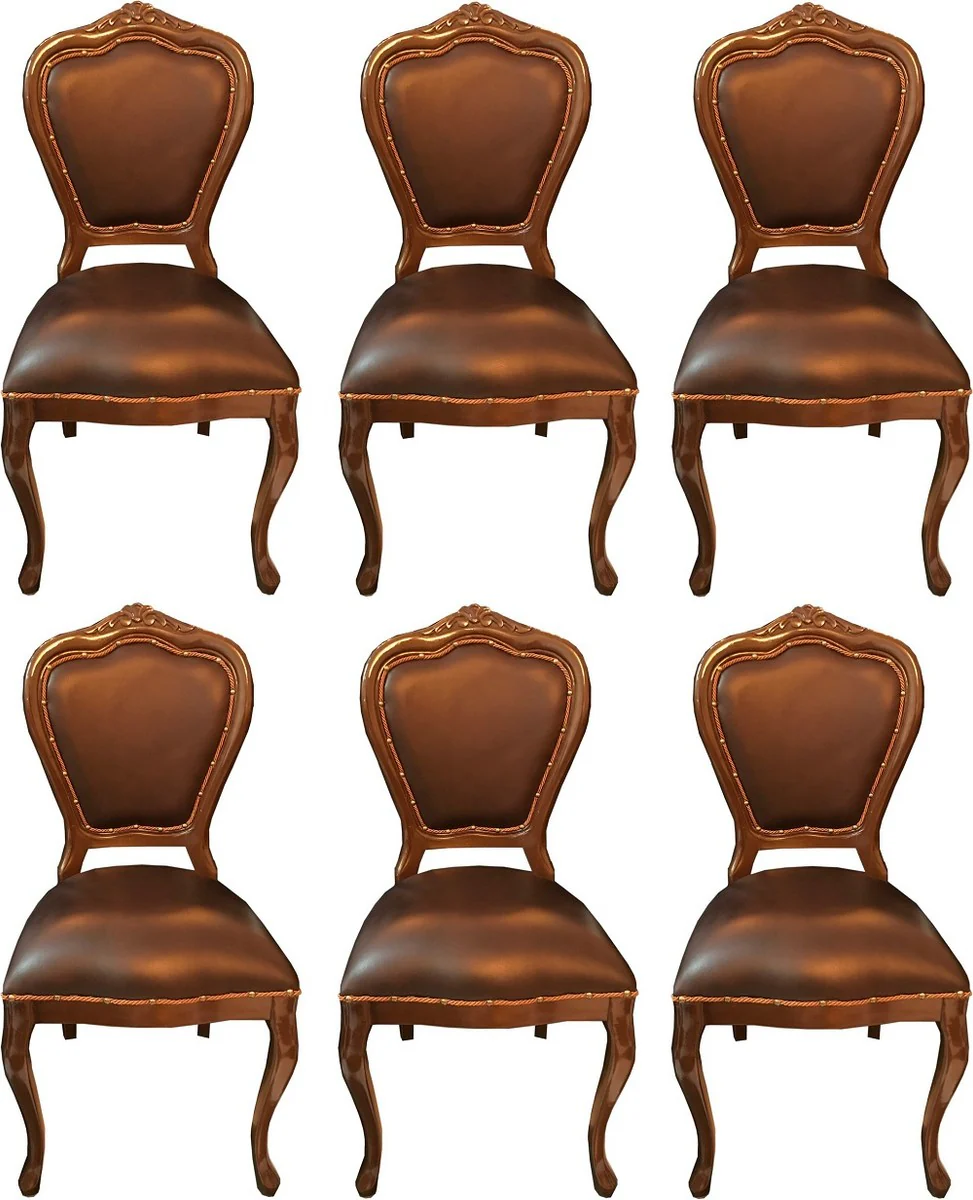 Luxury Baroque dining room set brown / brown 45 x 47 x H. 99 cm - 6 handmade solid wood dining chairs with real leather - Baroque dining room furniture