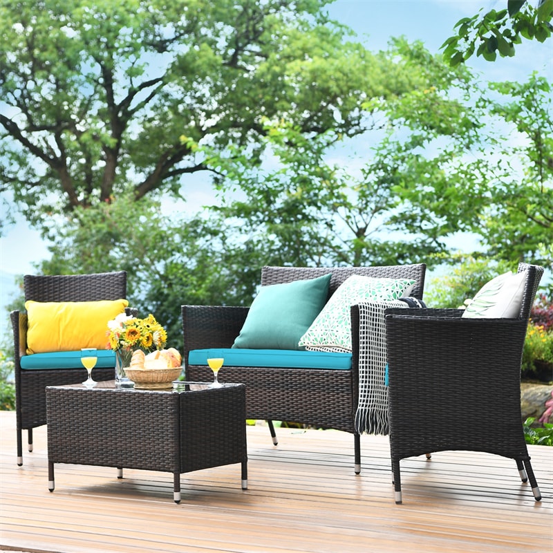 4 Pcs Outdoor Rattan Patio Conversation Set Wicker Furniture Set with Coffee Table and Cushion Sofas