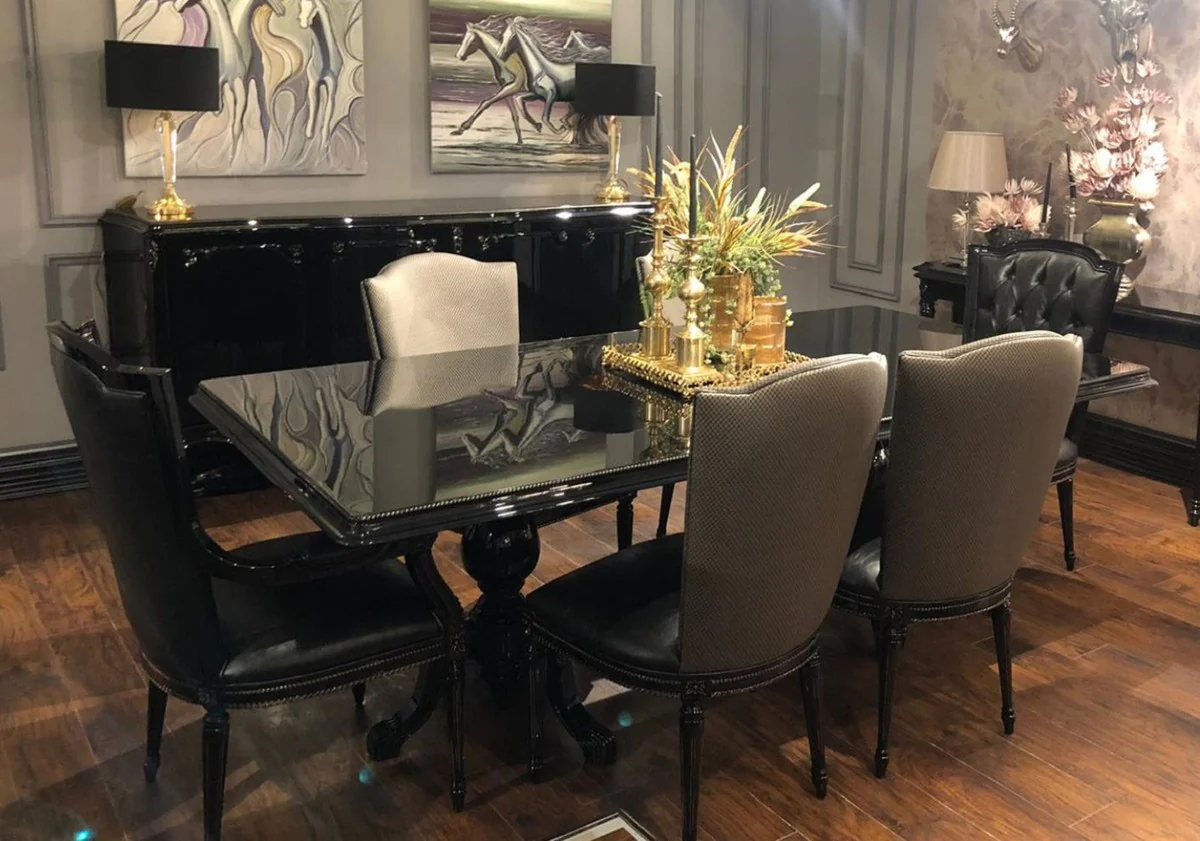 Luxury baroque dining room set black / gold - 1 dining table with glass top & 6 dining chairs - noble dining room furniture in baroque style