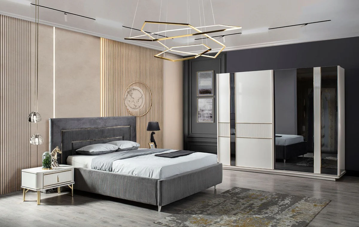 Luxury bedroom wardrobe white / gold 260 x 72 x H. 218 cm - Elegant solid wood wardrobe with 2 sliding doors - Luxury bedroom furniture