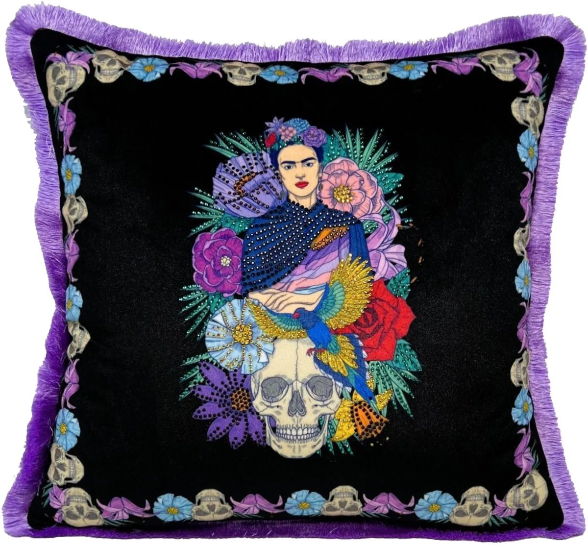 Frida Kahlo by Luxury Decorative Cushion with Rhinestones Colorful / Black / Purple