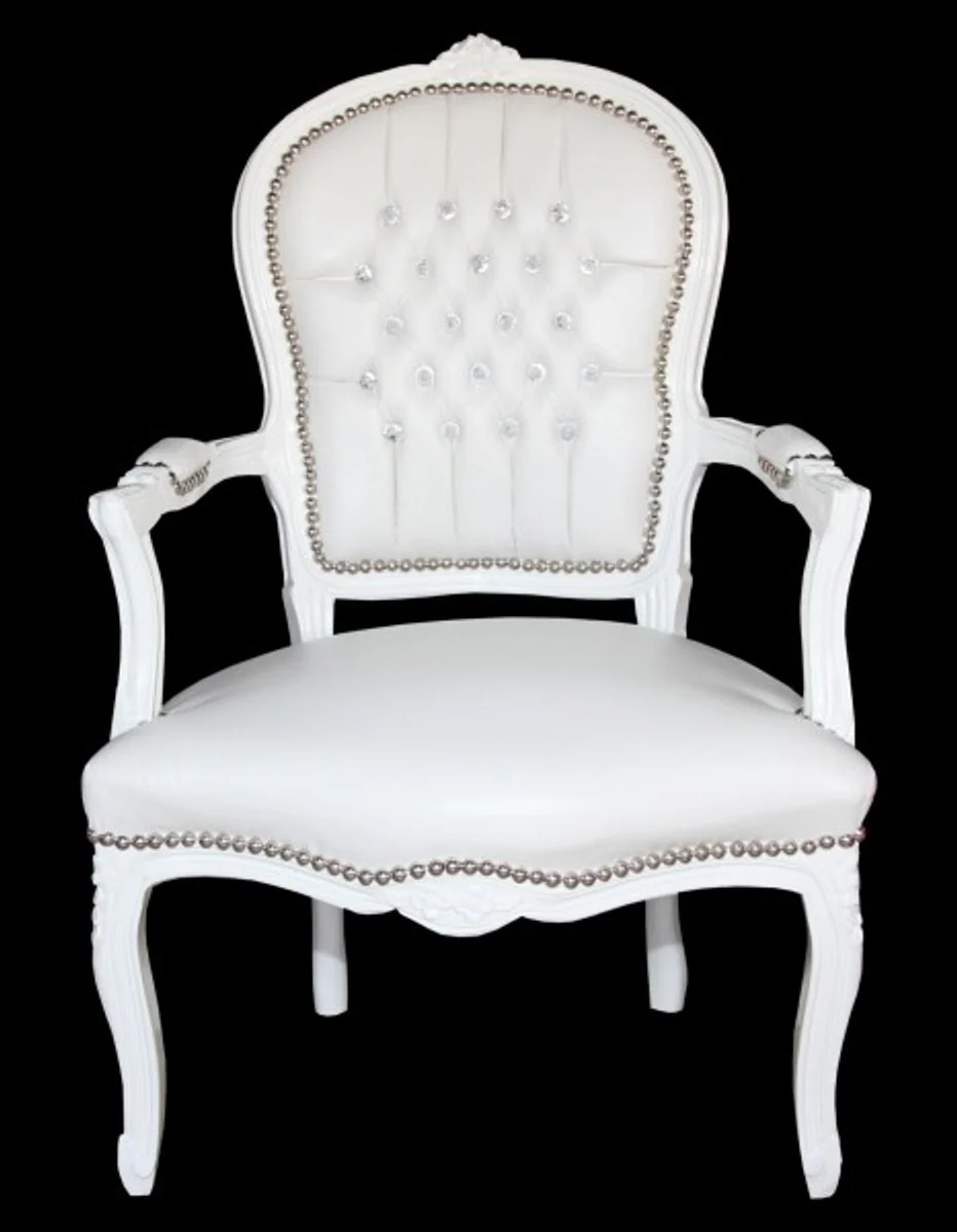 Baroque Salon Chair White Leather Look / White with Bling Bling Rhinestones - Furniture Antique Style