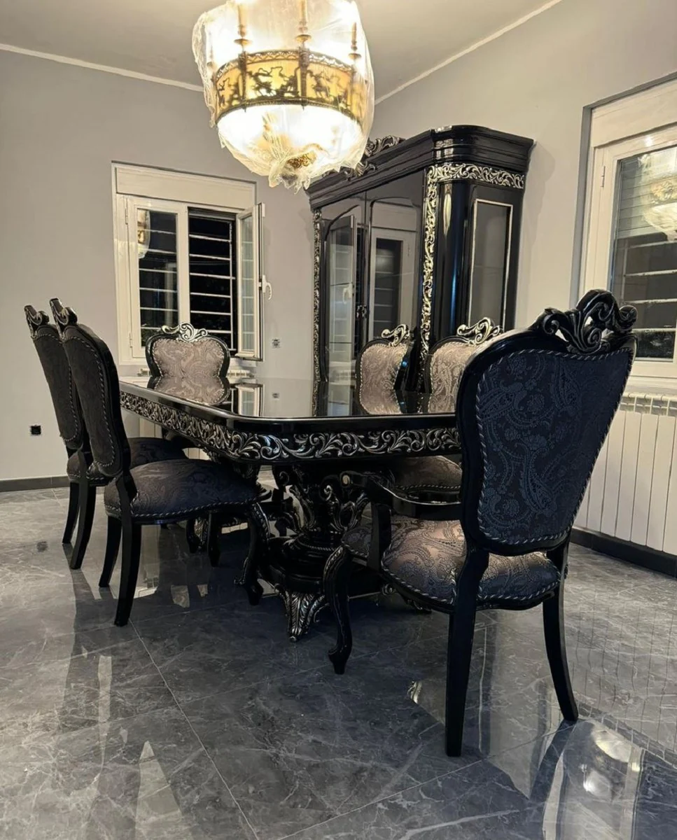 Luxury Baroque Dining Room Set Black / Silver - 1 Baroque Dining Table & 6 Baroque Dining Chairs