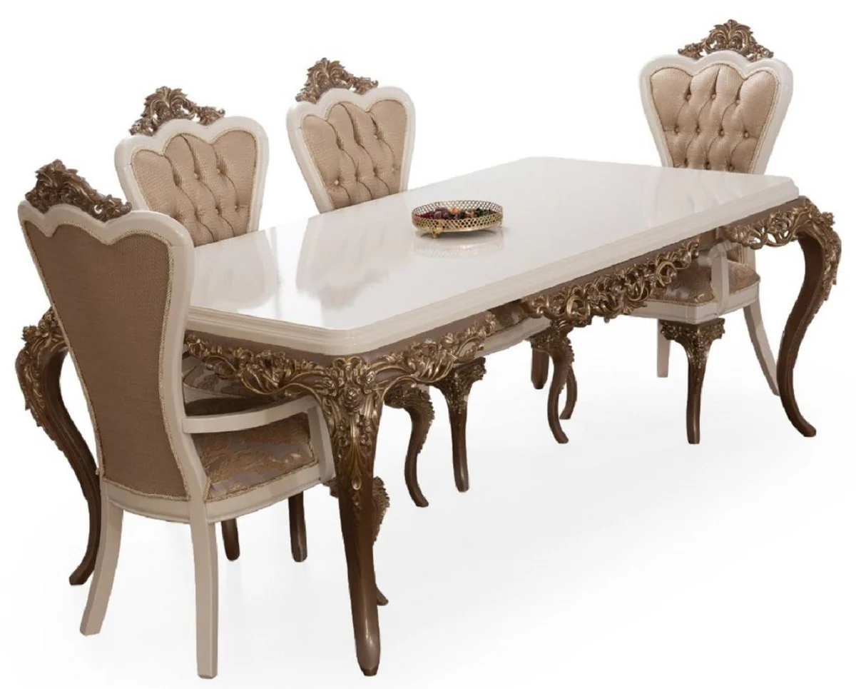 Luxury Baroque Dining Room Set White / Brown / Gold - 1 Dining Room Table & 6 Dining Chairs - Noble Baroque Dining Room Furniture - Noble & Magnificent