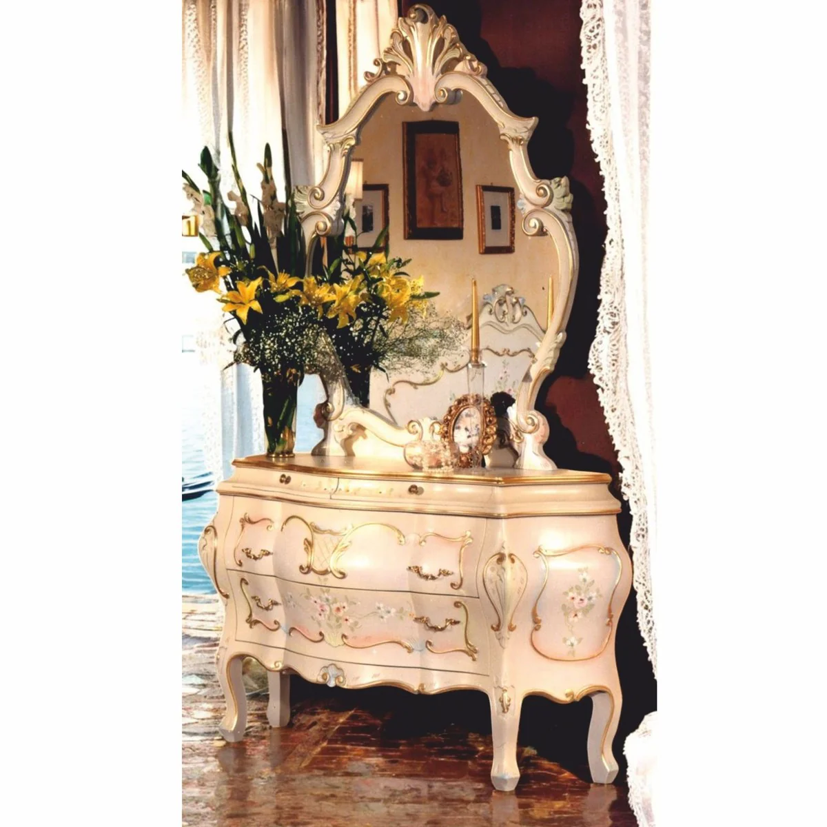 Luxury baroque chest of drawers with mirror ivory / gold - Made in Italy
