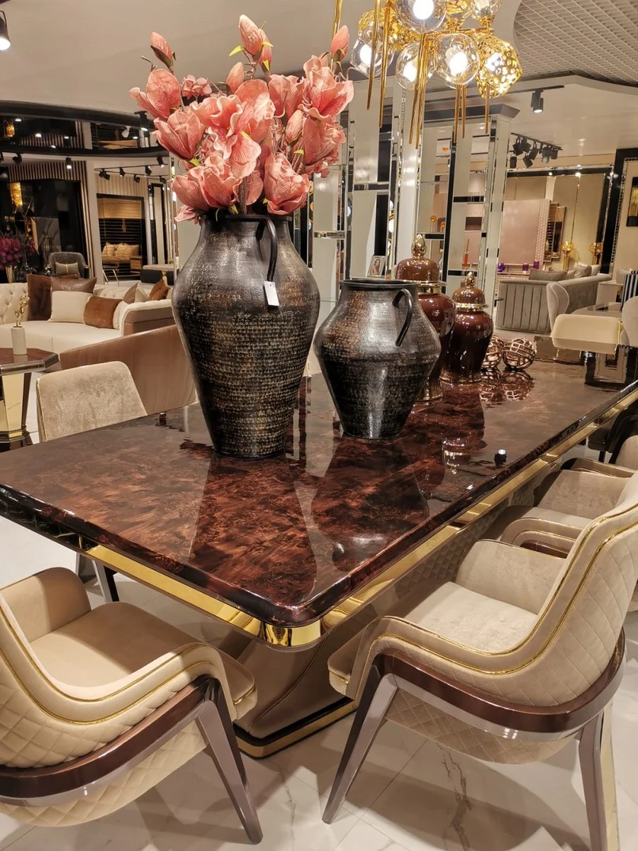 Luxury Art Deco dining table brown / beige / gold 226 x 112 x H. 70 cm - solid wood kitchen table with table top in marble look - dining room furniture - Art Deco furniture - luxury furniture