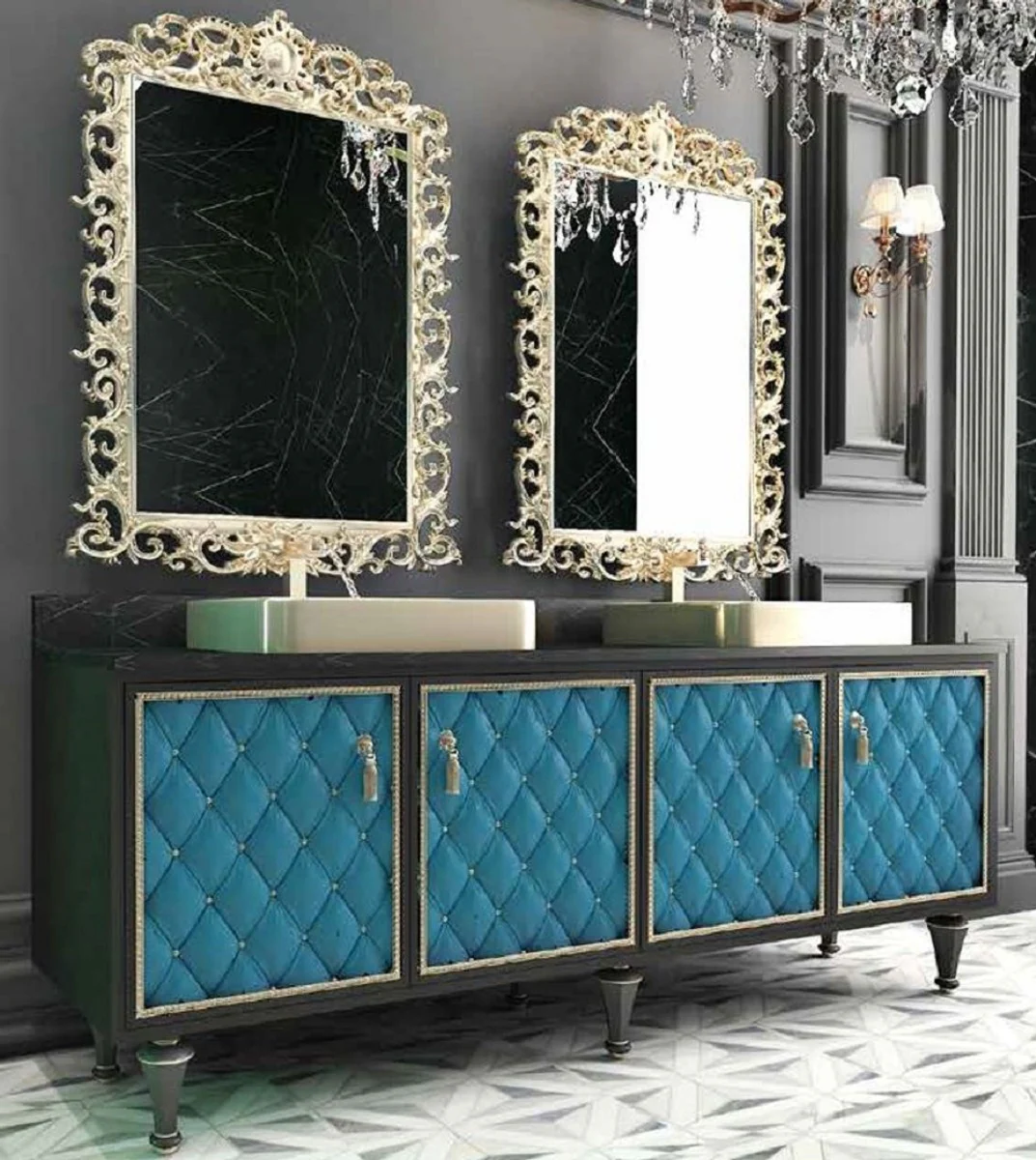 Luxury baroque bathroom set black / blue / gold - 1 washbasin with 4 doors and 2 washbasins and 2 wall mirrors - Magnificent bathroom furniture
