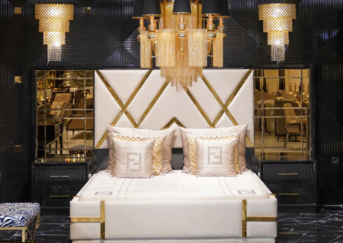 Luxury bedroom set cream / black / gold - 1 double bed with mirrored headboard & 2 bedside tables - luxury bedroom furniture - luxury bedroom furnishings