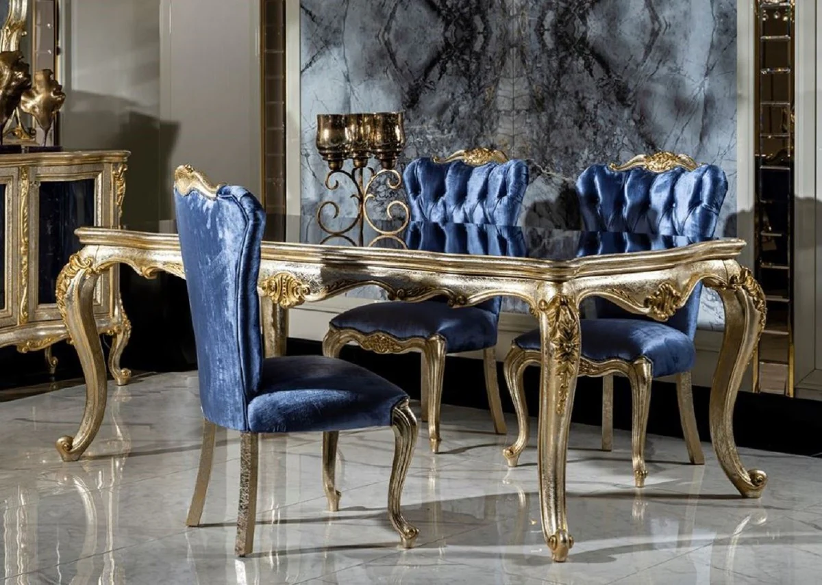 Luxury Baroque Dining Room Set Blue / Silver / Gold - 1 Dining Table & 6 Dining Chairs - Baroque Dining Room Furniture - Noble & Magnificent