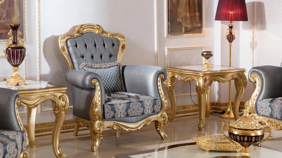 Luxury Baroque Living Room Set Blue / Gold - 2 Baroque Sofas & 2 Baroque Armchairs & 1 Baroque Coffee Table - Luxury Living Room Furniture in Baroque Style - Baroque Furniture - Baroque Furnishings
