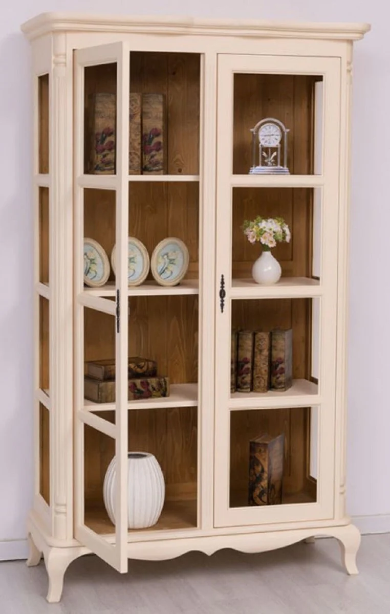 Country house style display cabinet cream / brown 112 x 49 x H. 190 cm - solid wood cabinet with 2 glass doors - solid wood furniture - country house style furniture - country house style furnishings