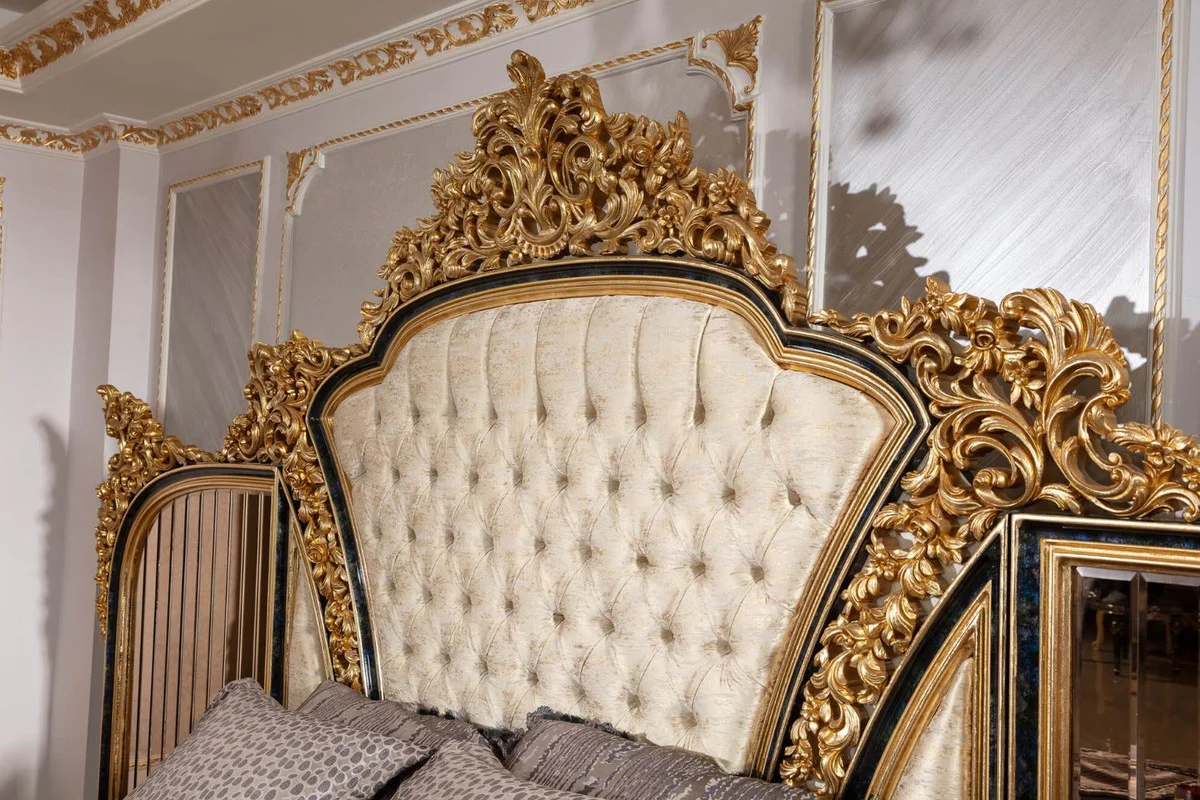 Luxury baroque bedroom set gold / white / blue / gold - 1 double bed with headboard & 2 bedside chests - bedroom furniture in baroque style - noble and magnificent