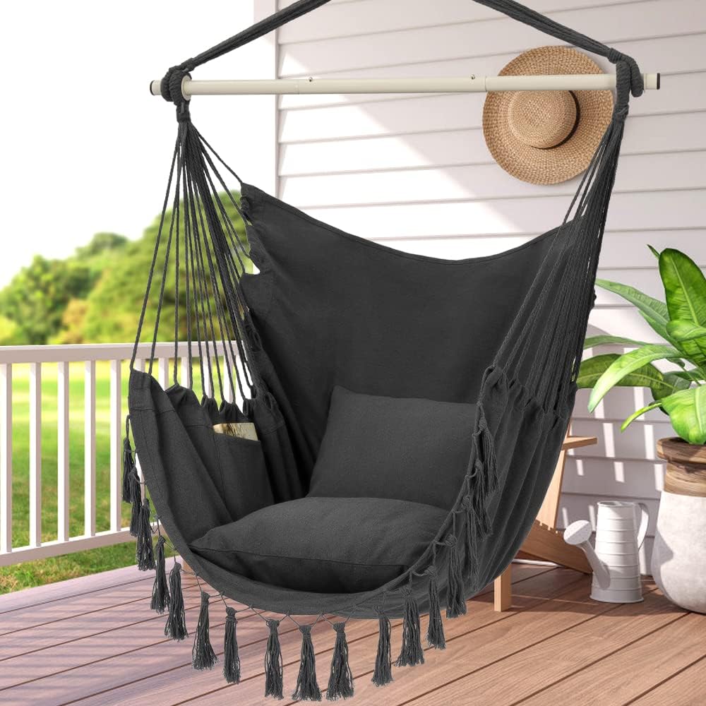 Y- Stopp Hammock Stuhl hängen Rope Swing, Max 500 Lbs, 2 Kissen enthalten, große Macrame Hängestuhl mit Tasche für Superior Comfort, mit Hardware Kit (Dark Grey)